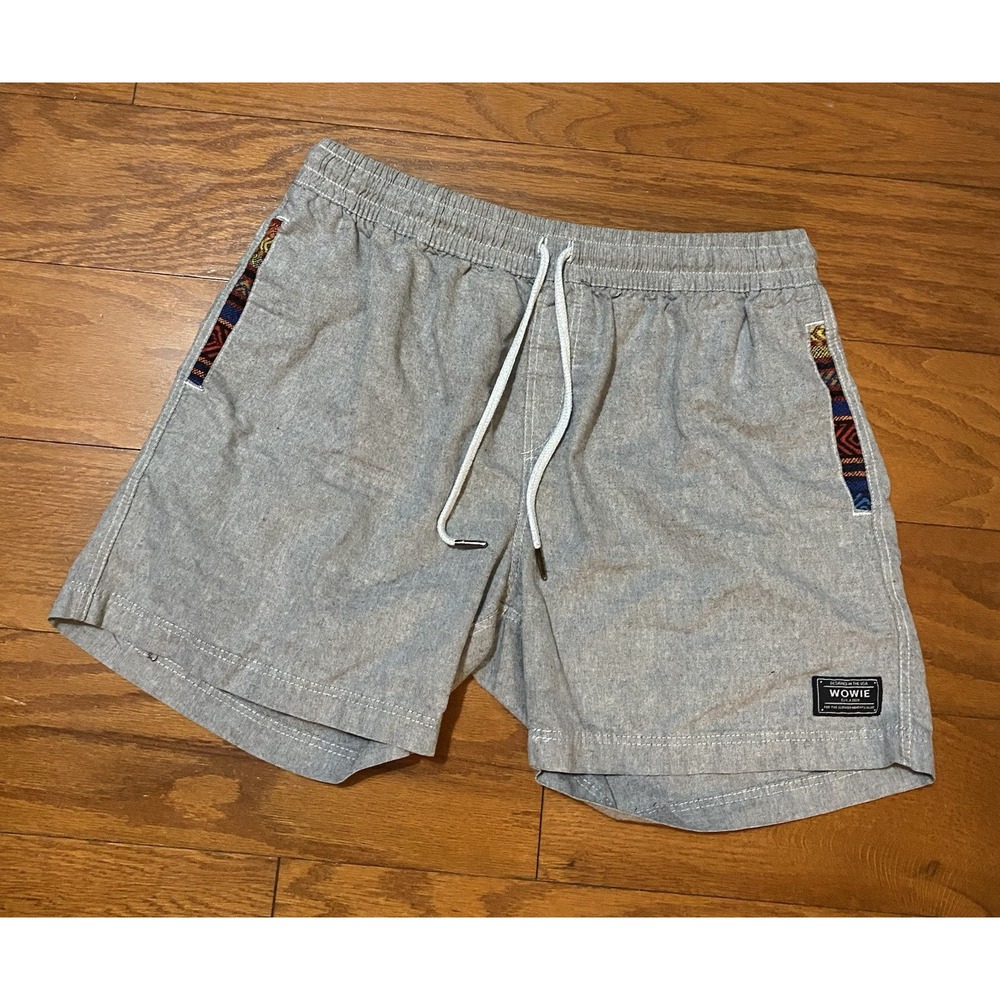 WOWIE Shorts Mens Large Gray Drawstring Gym Pockets Aztec Trim 5" Inseam